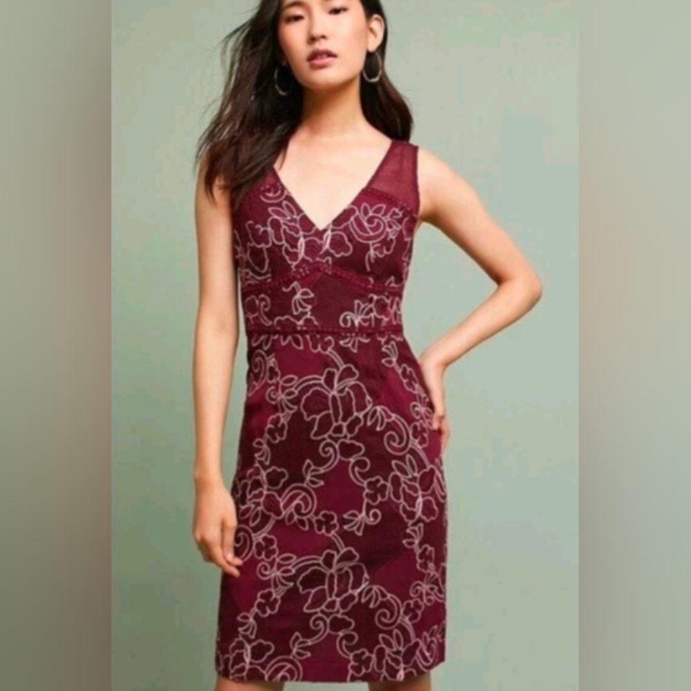 Moulinette soeurs Maroon floral lace Mesh dress midi Fall Anthropologie Size 10